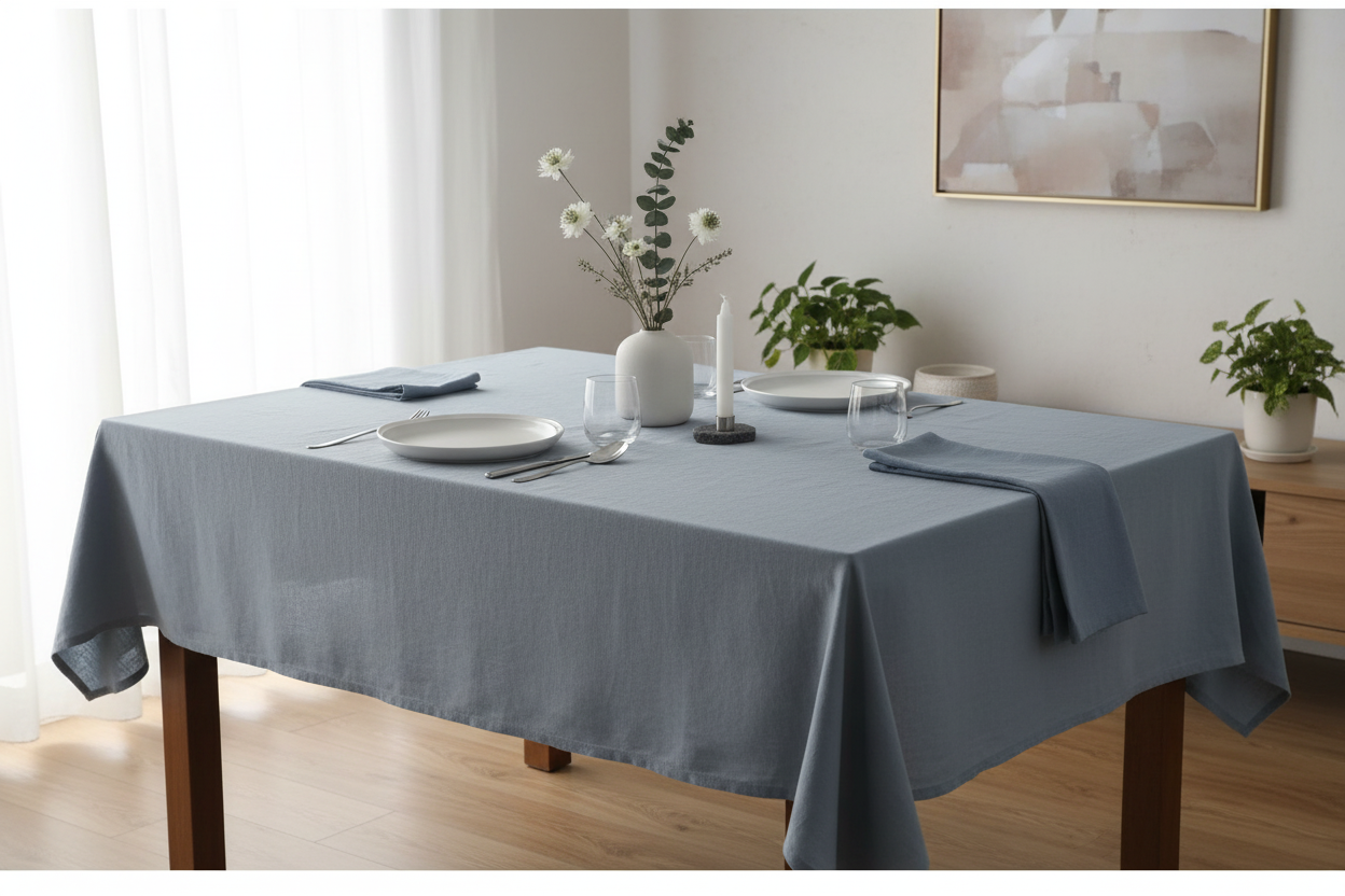 Light blue linen tablecloth on dining table