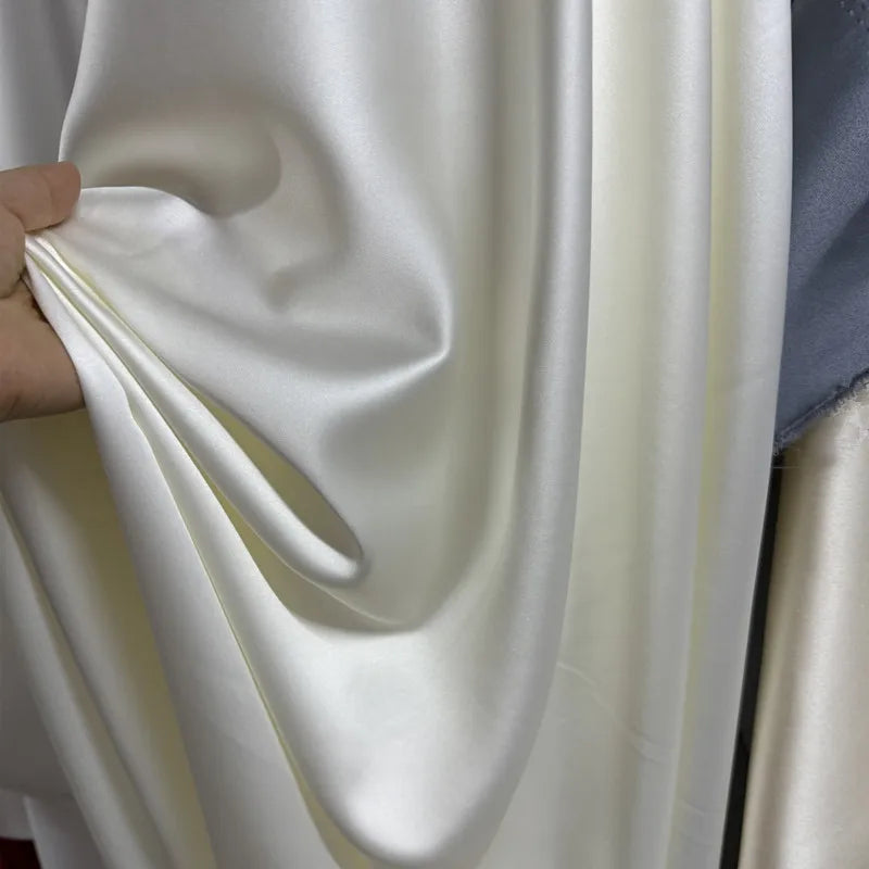 High End Elastic Silk Fabric, Beige Ivory White Soft Satin Fabric, Designer Wedding Dress, Shiny Satin