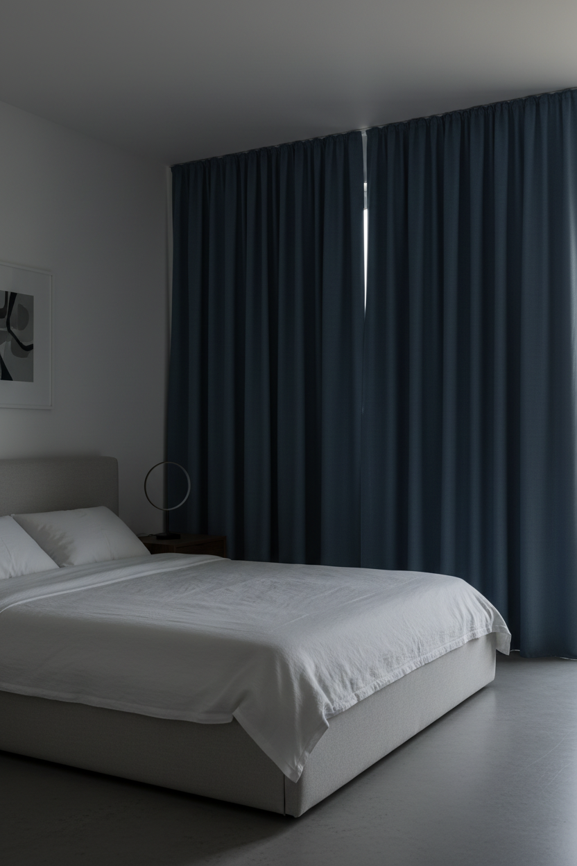 Blue linen curtains blocking light
