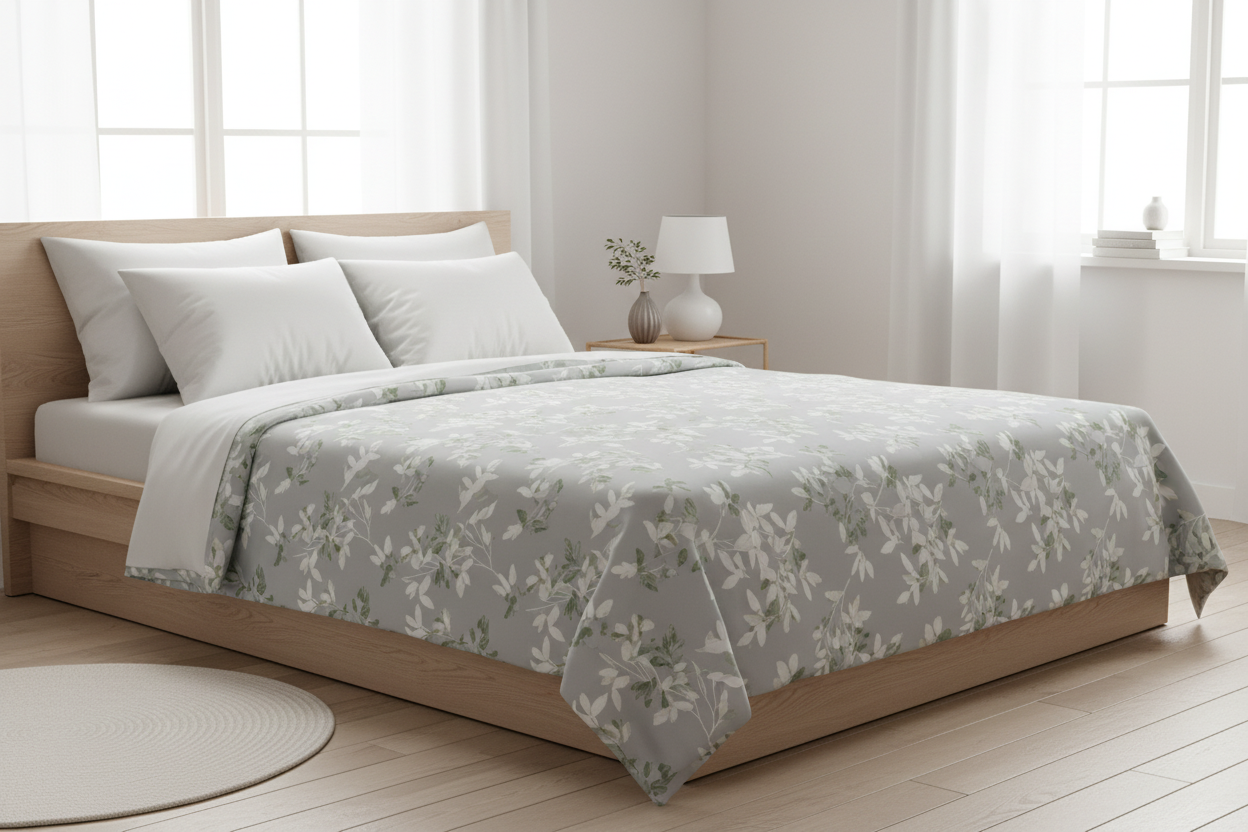 Botanical grey printed cotton bed sheets