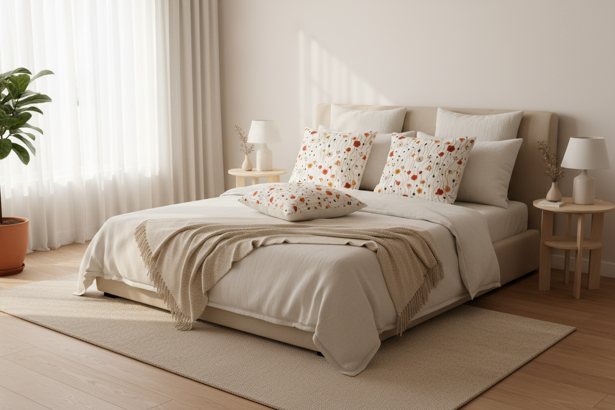 Cushion covers with delicate botanical beige print