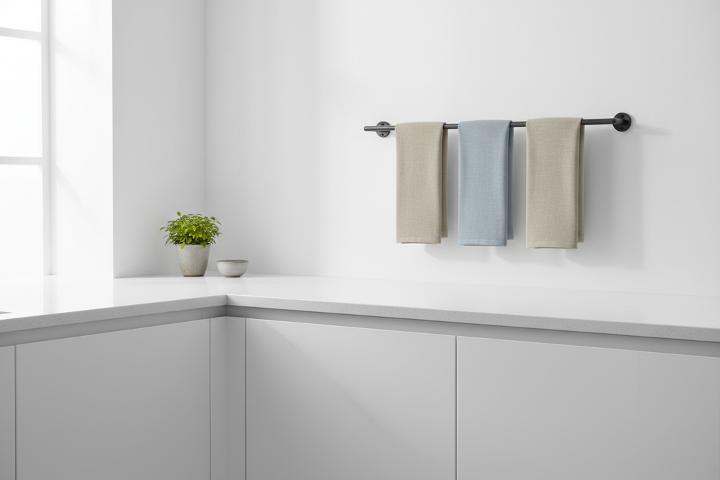 Elegant linen kitchen towels hanging