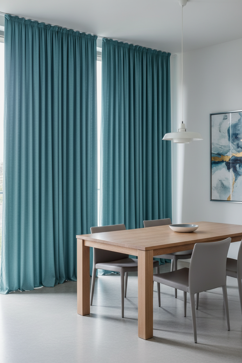 Turquoise linen curtains in dining room