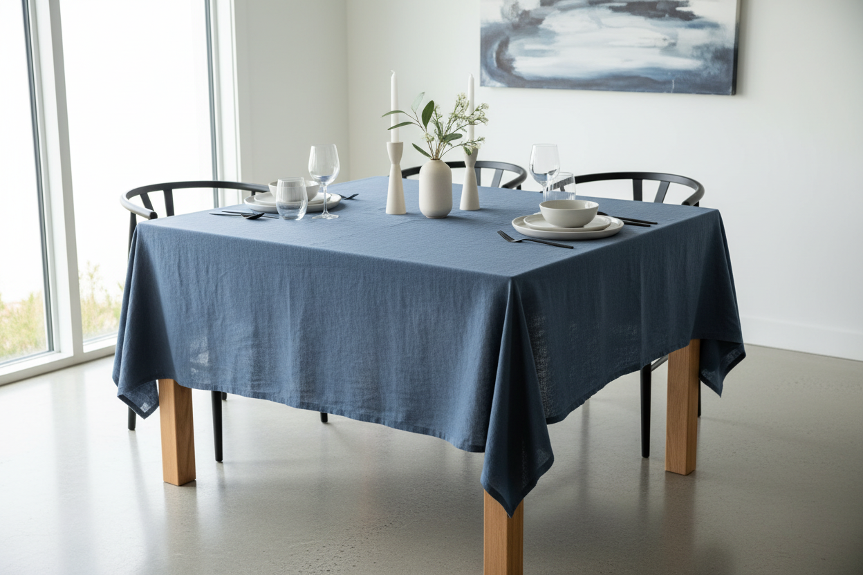 Blue linen tablecloth on modern dining table