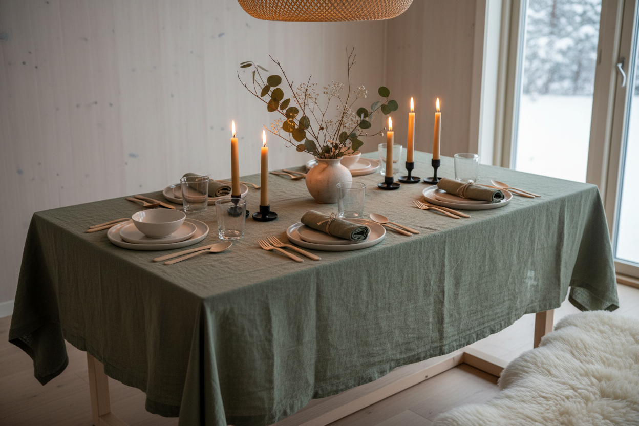 Moss green linen tablecloth on dining table