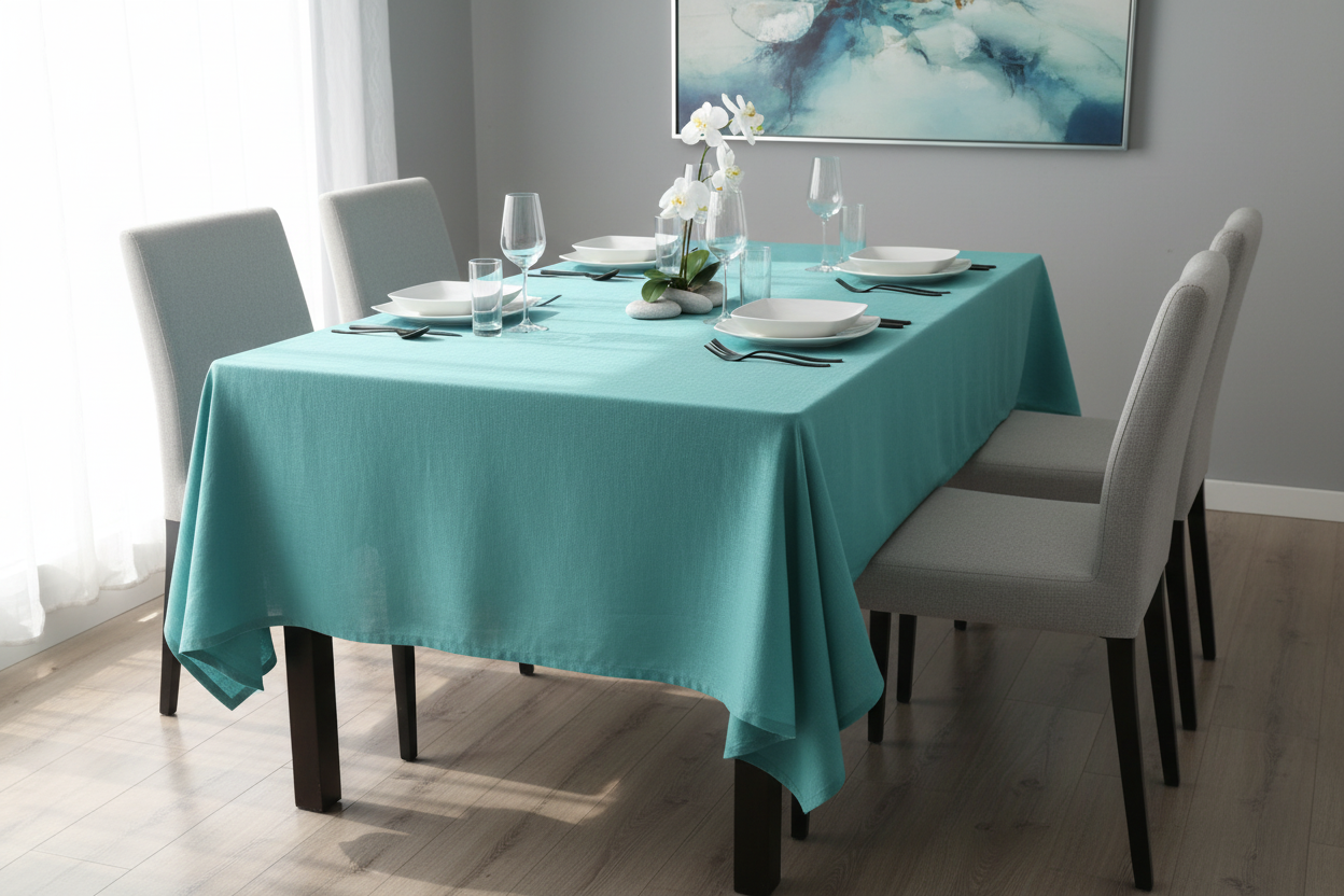 Turquoise linen tablecloth on dining table