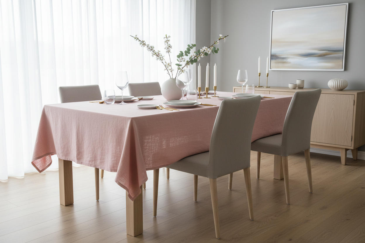 Pink linen tablecloth on elegant dining table
