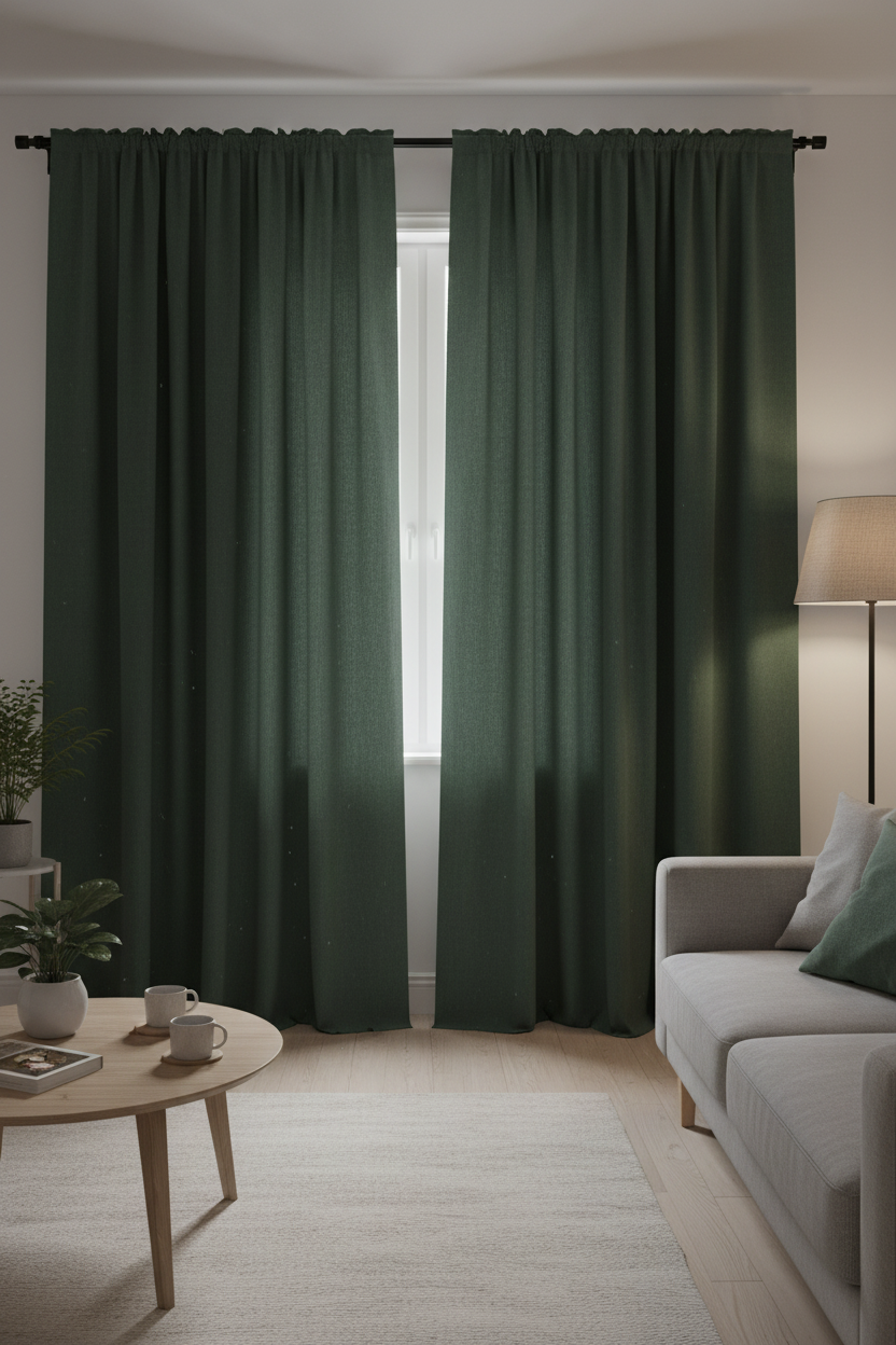 Moss green linen curtains blocking light