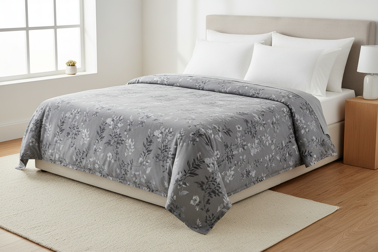 Smooth botanical grey printed cotton flat sheets