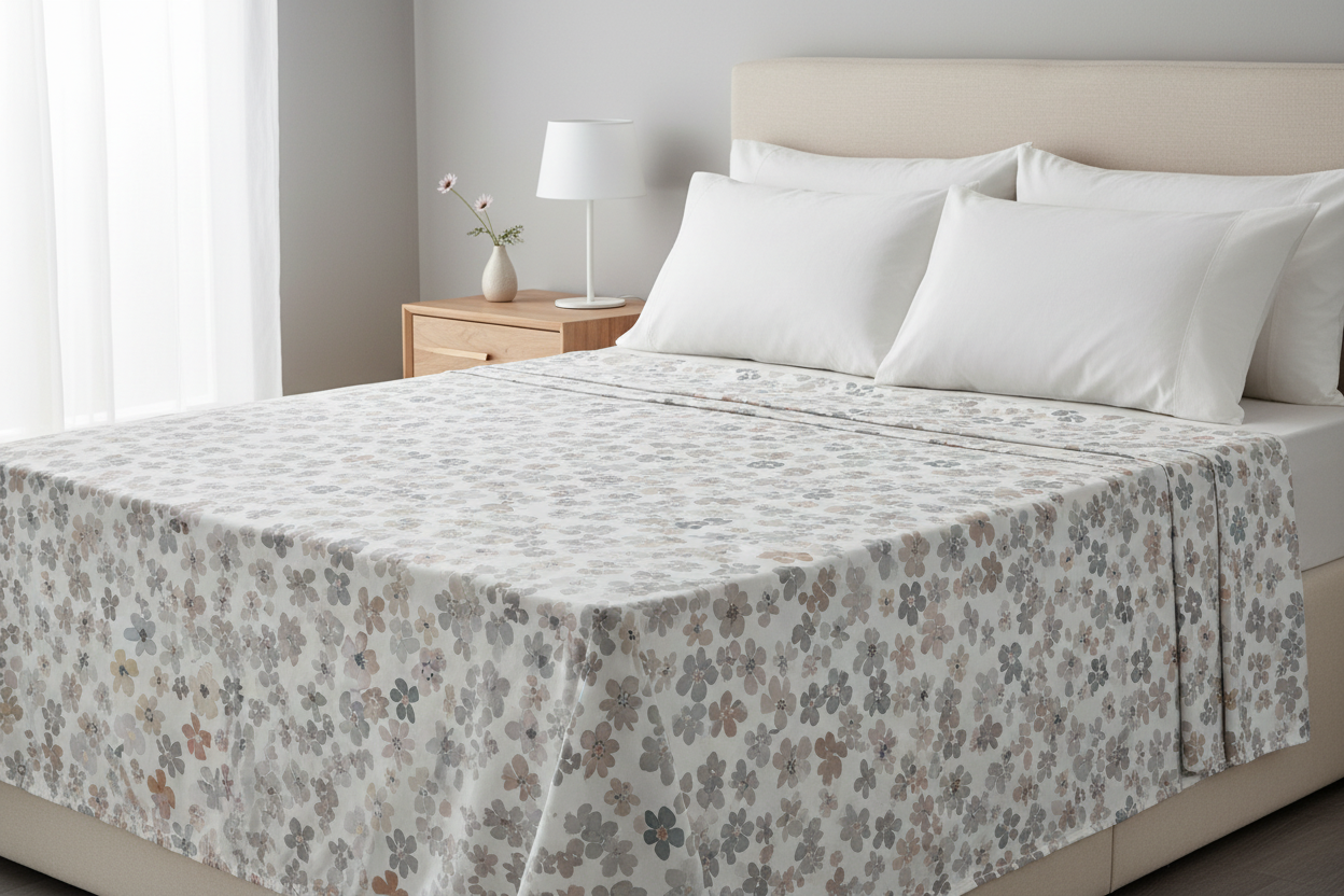 Smooth delicate wildflowers grey printed cotton flat sheets