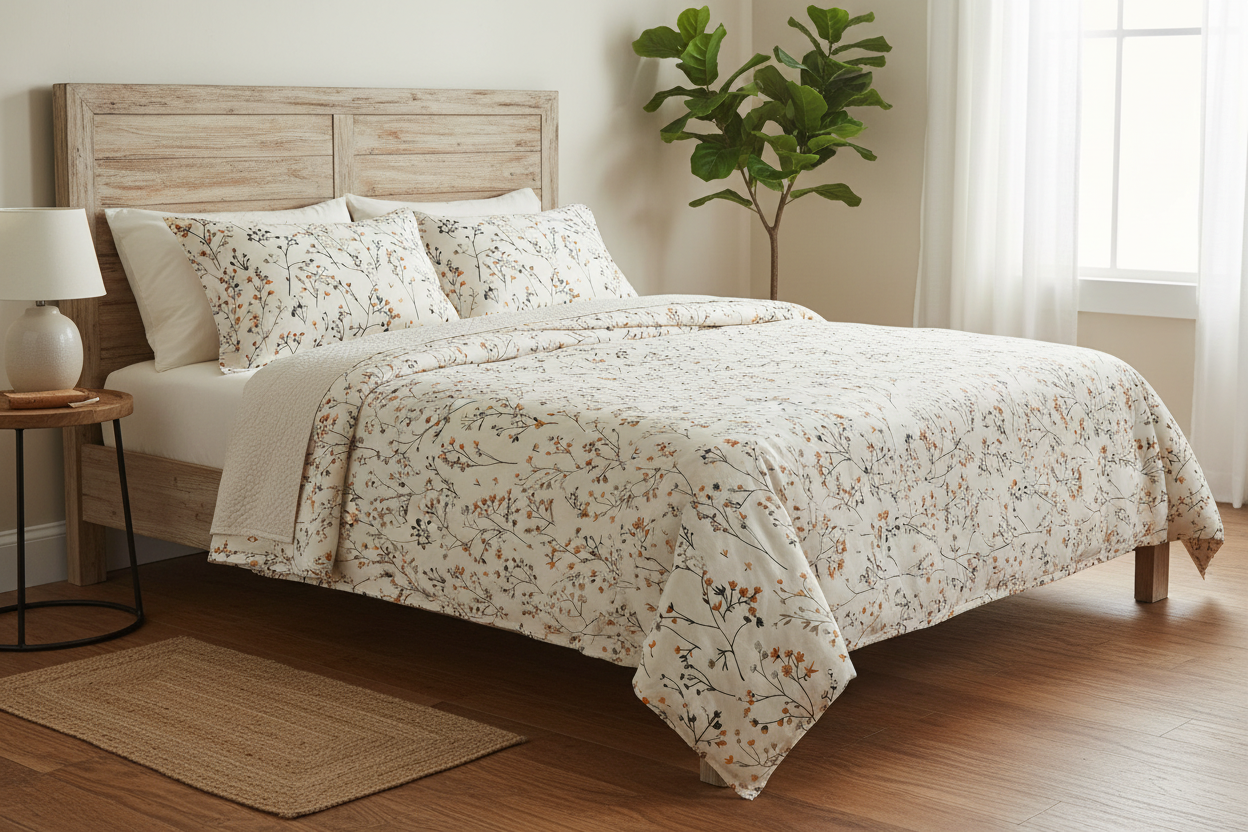 White leaves on beige printed cotton bed sheets